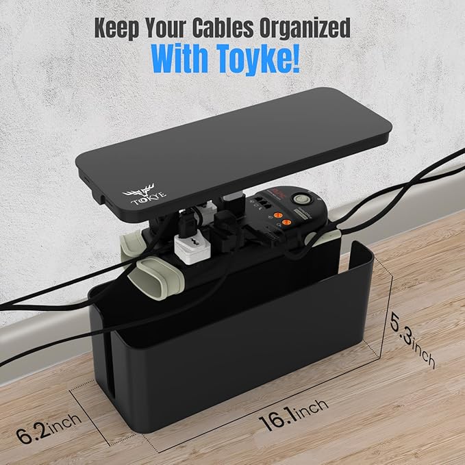 Large Cable Management Box, Cord Organizer Box to Hide Power Strip, Extension Cord, Surge Protector | Cord Hider Safe Box for Desk Organizers, Gaming PC, Computer, TV | White, Black Edition by Tokye®