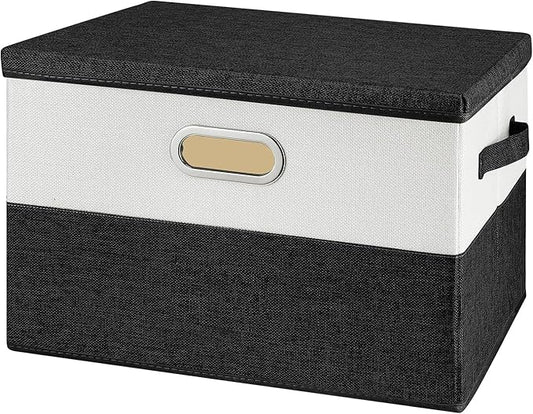 Large Linen Fabric Foldable Storage Bins with Removable Lid and Handles, Washable Storage Box Organizer Containers Baskets Cube with Cover for Bedroom,Closet,Office (Black&White, Medium)