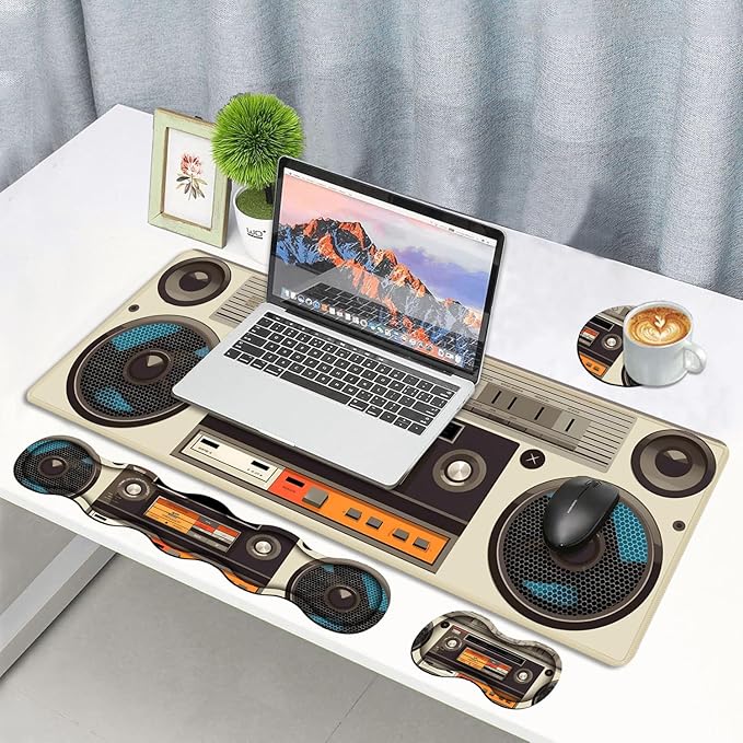 4 in 1 Ergonomic Memory Foam Mouse Pad Wrist Rest Set, Large XXL Gaming Desk Pad + Keyboard Wrist Rest + Mouse Wrist Cushion + Coaster for Home Office Study Gaming, Vintage Tape Recorder