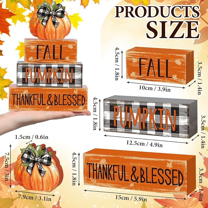 4 Pcs Fall Decor for Home Buffalo Plaid Pumpkin Wooden Signs with Blessed Autumn Tiered Tray Decor Grid Pumpkin Tabletop Centerpiece Fall Block Signs for Thanksgiving Office Kitchen Shelf