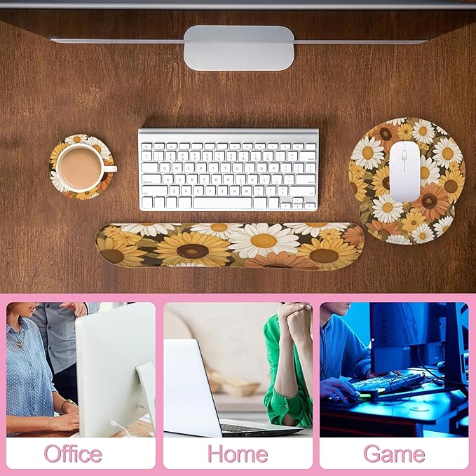 Vintage Daisy Sunflower Mouse Pad with Wrist Rest and Keyboard Wrist Rest Set, Non-Slip Rubber Base Memory Foam Mouse Pad Set for Women, Office Desk Accessories, Gaming