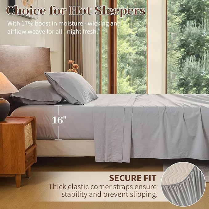 MEISHANG 100% French Pure Linen Sheets King Size - Bed Sheets 4 Piece Sets, Soft Durable Flax Linen, Anti-Tear Breathable Oeko-Tex Certified with 16" Deep Pocket (Silver Grey)