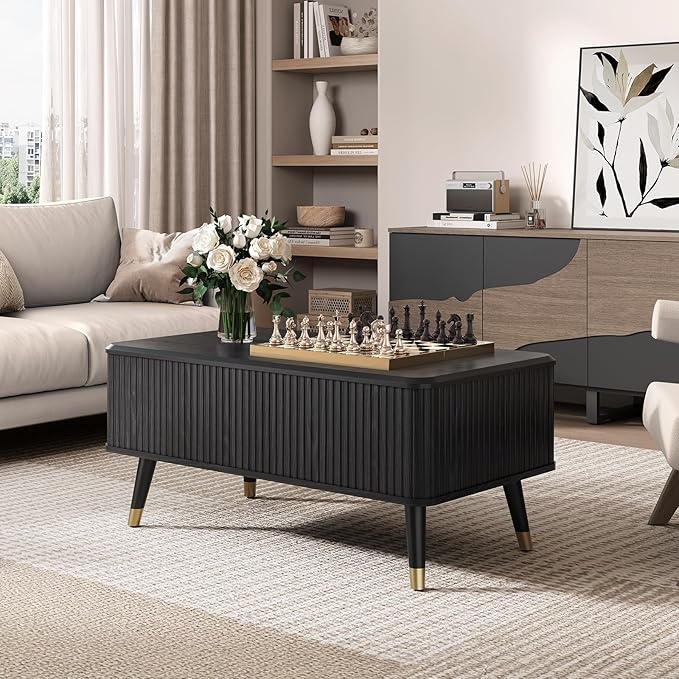 Lift Top Coffee Table, Mid Century Modern Coffee Table with Hidden Compartment, Fluted Lift Tabletop Center Table for Living Room, Home Office, Black