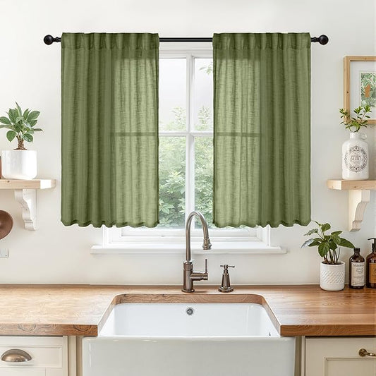 YoungsTex Olive Green Linen Curtains 40 Inch Length for Kitchen Window - Short Light Filtering Drapes Semi Sheer with Rod Pocket Back Tab for Bathroom Cafe Window, 2 Panels, 42 X 40 Inch