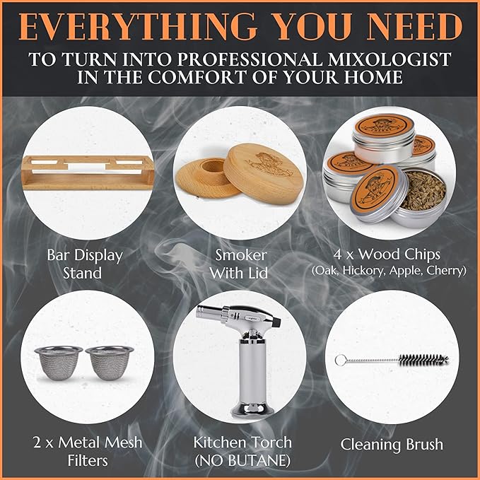 Cocktail Smoker Kit | Whiskey Smoker Kit | Bourbon Smkoer kit | Old Fashioned Smoker Kit for Men with Stand, Torch & Wood Chips | Whiskey Gift for Men (No Butane Incl.)