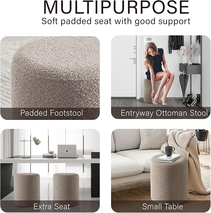Get Set Style Modern Round Ottoman with Soft Padded Seat, Vanity Stool for Makeup, Upholstered Footrest Stool Ottoman Foot Stool for Living Room, Bedroom，White