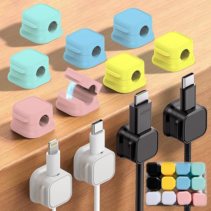 Magnetic Cable Straps, 12-Pack Cord Organizer for Desk - Adhesive Wire Holders for Chargers, Data Cables, Home Office, Car, Under Desk Cable Management (Multiple Colors)