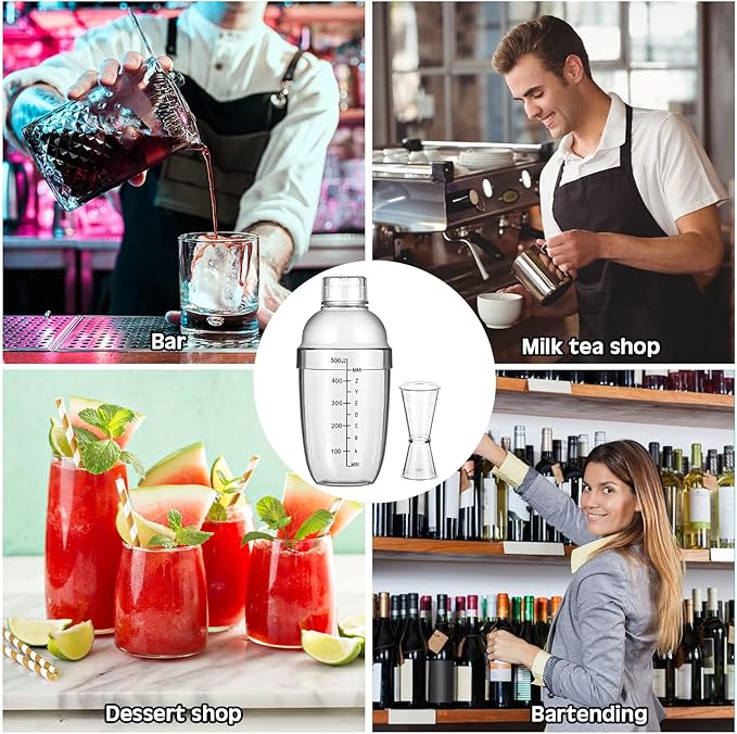 7 Pcs Plastic Cocktail Shaker Set Drink Mixer with Mark Clear Drink Cocktail Shaker and Measuring Jigger Set Ounce Cup Clear for Bar Party Home Use Wine Bar(17oz)