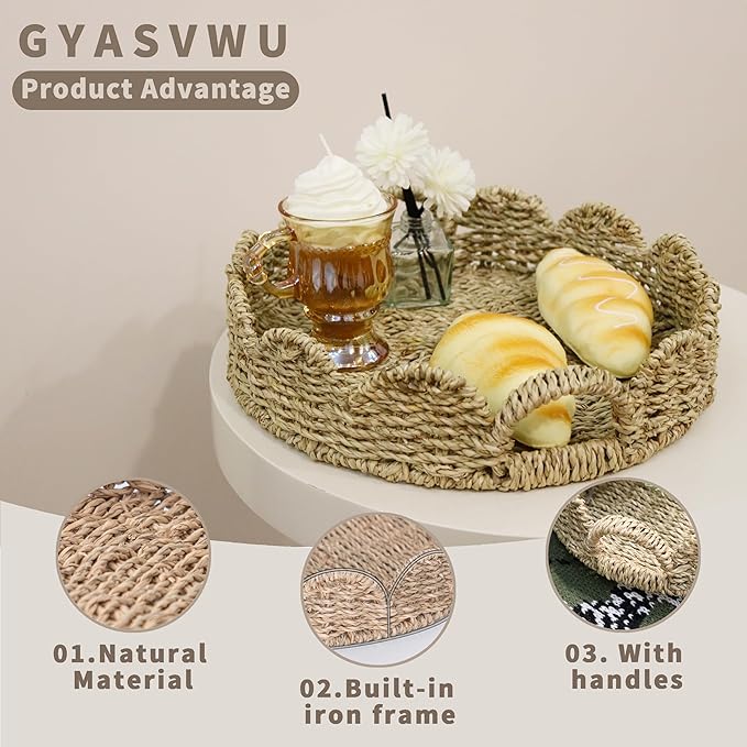 GYASVWU Seagrass Scalloped Tray with Handles,Round Rattan Serving Trays for Coffee Table,Woven Tray for Ottoman Decorative and Organizer Trays (Seagrass)