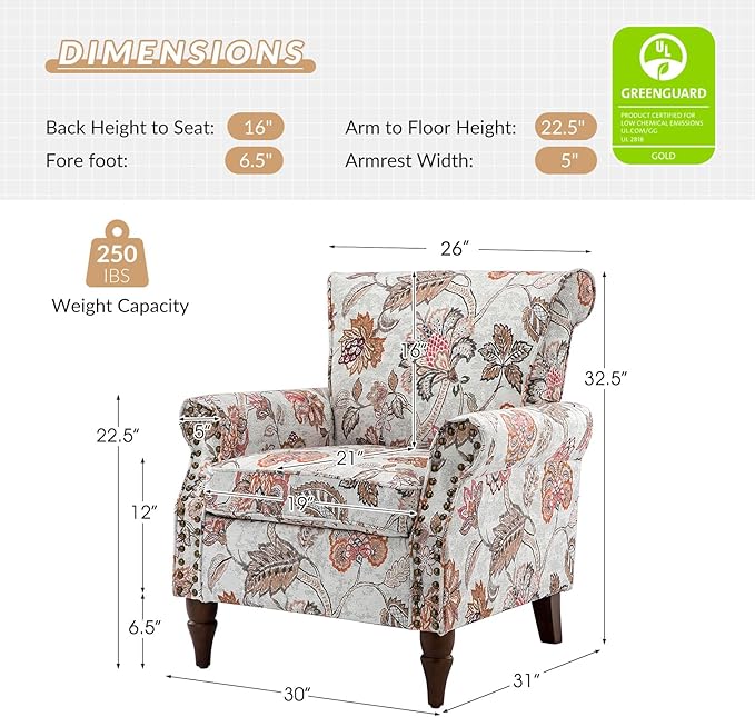 HULALA HOME Modern Wingback Accent Chairs Set of 2 with Wood Legs & Removable Cushion, Comfy Upholstered Armchairs with Nailhead Trim, Floral Pattern Single Sofa Chairs for Living Room Bedroom, Pink