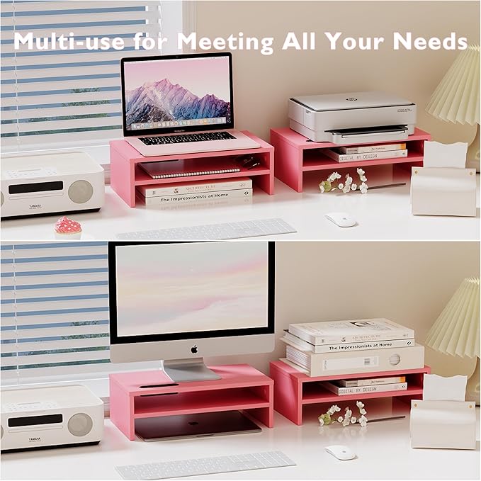 BONTEC Wooden Monitor Stand Riser, 2-Tier Desk Shelf with Storage Organizer, Ergonomic Computer Stand with Cable Management, Cellphone Holder, Pink, 16.5 Inch