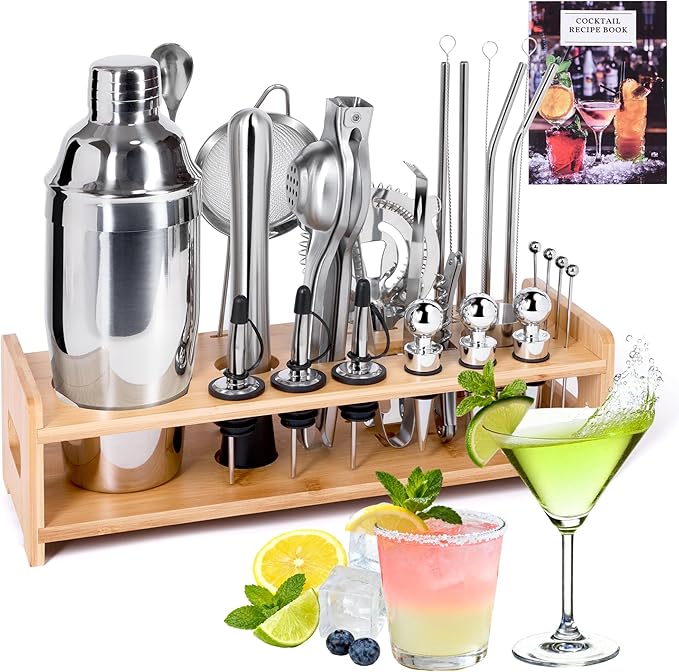 JUSTDOMI 26-Piece Stainless Steel Bar Tool Set Bartender Accessories, Cocktail Shaker Set Bartender Kit with Stand, Cocktails Kit with Muddler for Bar Accessories, Home, Party Cafe Drinks-Style 2