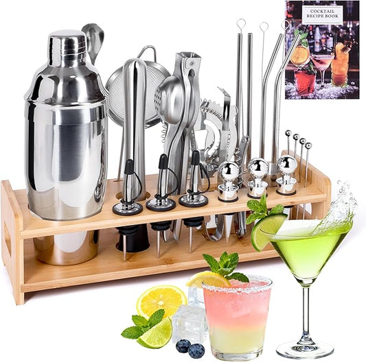 JUSTDOMI 26-Piece Stainless Steel Bar Tool Set Bartender Accessories, Cocktail Shaker Set Bartender Kit with Stand, Cocktails Kit with Muddler for Bar Accessories, Home, Party Cafe Drinks-Style 2