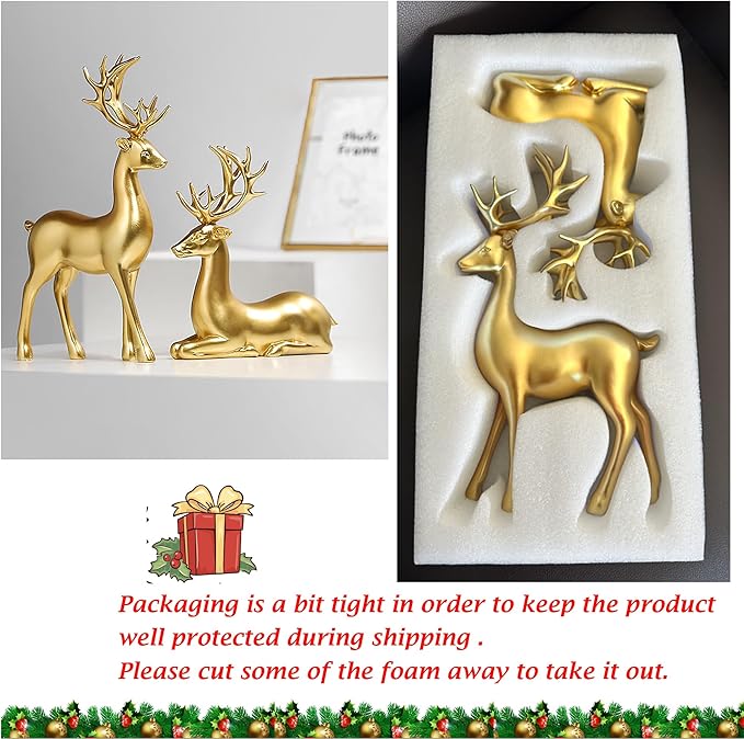 FANTESTICRYAN 2pcs Reindeer Sculpture Gold Resin Christmas Elk Statues Home Office Decorative Displays for Living Room, Bedroom, Bathroom, Bookshelf, Desktop, Cabinets (Golden Large)