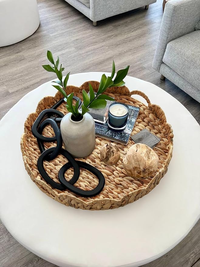 Extra Large Round Ottoman Table Tray 19.7" with Handles - Water Hyacinth Wicker Serving Tray for Farmhouse Decorative Oversized Coffee Table Trays Living Room Kitchen Counter Breakfast Scalloped