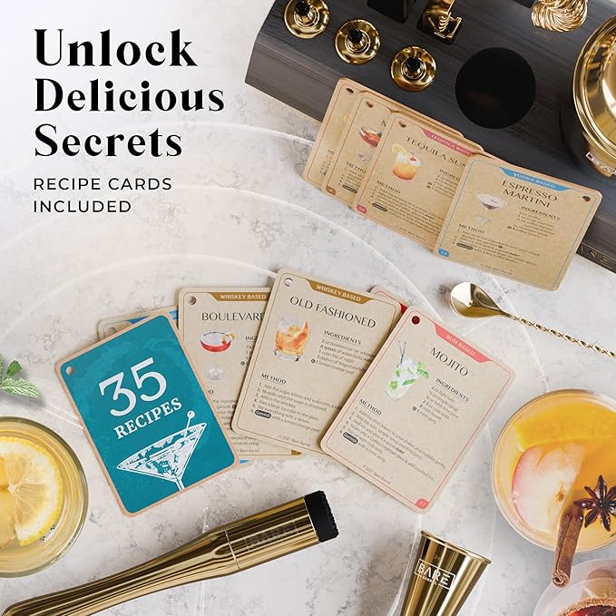 BARE BARREL® Mixology Bartender Kit Bar Set | 14-Piece Cocktail Shaker Set | Martini Barware Mixing Tools for Home Bartending | Incl. 35 Recipe Cards | Gift Set (24oz Cobbler Shaker, Gold/Black)