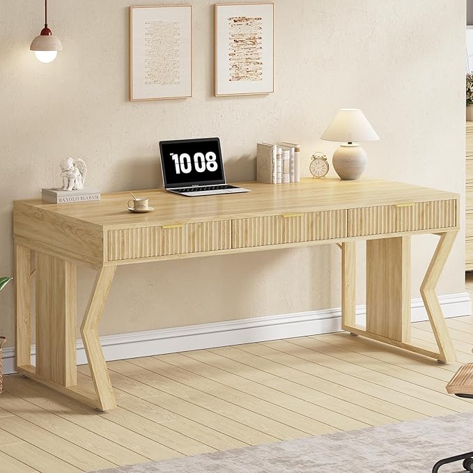 SEDETA 55" Executive Office Desk with 3 Drawers, Home Office Desk with Storage Drawers, Computer Writing Desk Study Table, Natural Oak