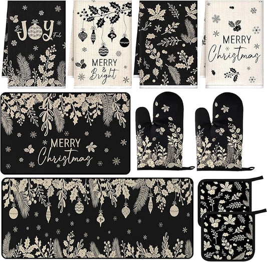 10 Pcs Christmas Kitchen Decor Set Kitchen Towels and Rugs Oven Mitts Pot Holders Absorbent Towels for Baking Cooking BBQ Gifts Home Decor(Black and Gray,Pine and Holly)