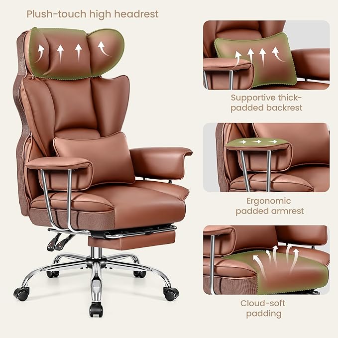 Office Chair 400LBS, Executive Chair High Back Adjustable Managerial Home Desk Chair with Footrest, Big and Tall Office Chairs with Lumbar Support, Brown