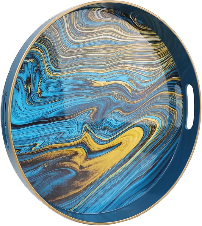 Spsyrine Round Decorative Tray, 13" Plastic Marble Serving Tray with Handles for Breakfast, Ottoman, Coffee Table, Bathroom, Kitchen, Living Room