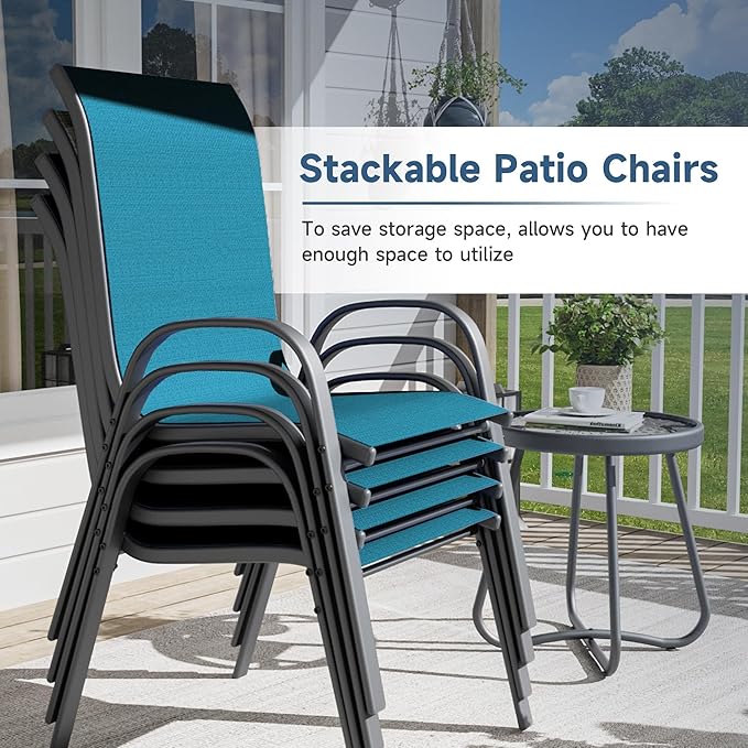 Amopatio Patio Chairs Set of 8, Outdoor Stackable Dining Chairs for All Weather, Breathable Garden Outdoor Furniture for Backyard Deck, Light Blue