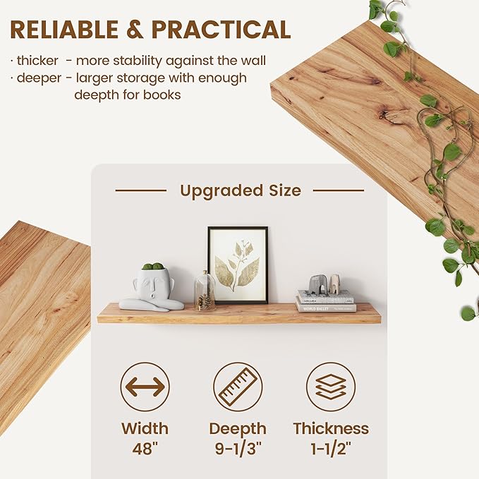 Rustic Elm Wood Floating Shelf for Wall, Live Edge 48"W x 9.2"D x 1.4"H, 1 Pack with Invisible Bracket, Large Wall Mounted Storage Shelf for Living Room Bedroom Kitchen Bathroom Decor, Natural Finish