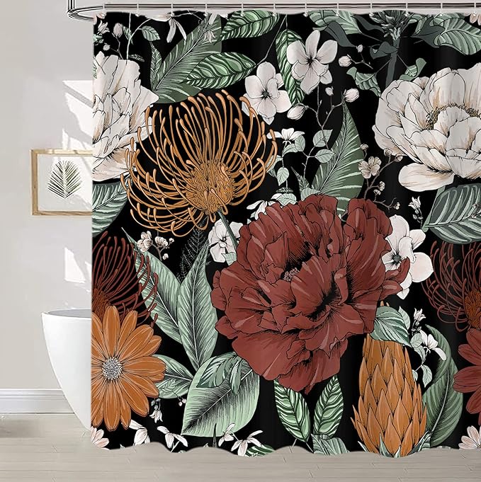 Sanzugh Boho Floral Shower Curtain, Pretty Vintage Bohemian Flower Botanical Leaves Fabric Shower Curtains Set for Bathroom Decoration with Hooks 72 X 72 inch Black Dark Bath Decor