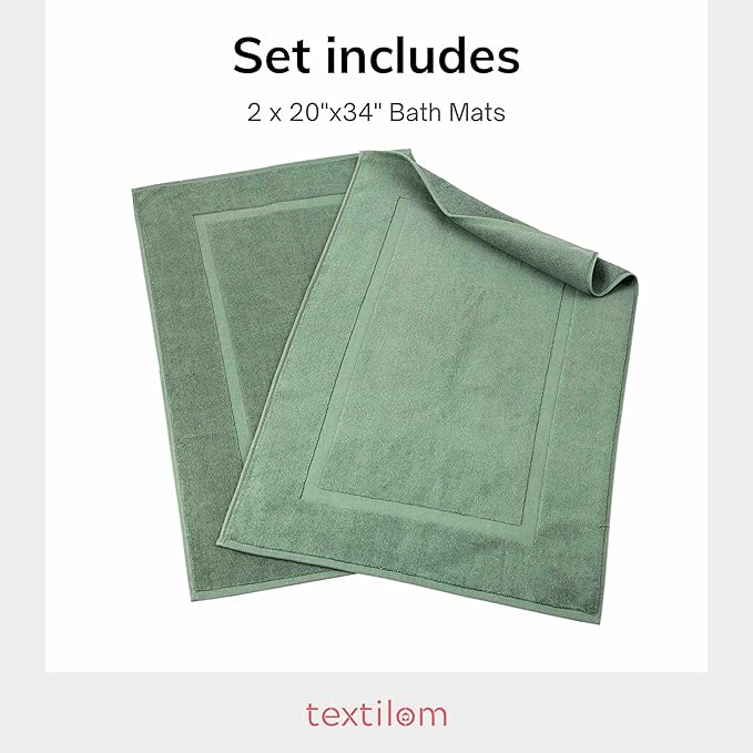 TEXTILOM Luxury 2 Pack Banded Cotton Bath Mats for Bathroom Floor [ Hotel, Spa, Tub, Shower Bath Mat Floor Towel Set ], Machine Washable & Soft & Absorbent & Quick Dry (20''x34'')- Green