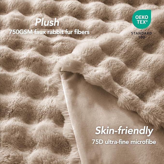 L'AGRATY Faux Fur Throw Blanket: 60" x 80" Luxury Soft Fluffy Rabbit Fur Blankets Twin for Couch Bed Sofa - Cozy Plush Bubble Blankets for Winter: Flannel Fleece Decorative Blanket(Light Linen)