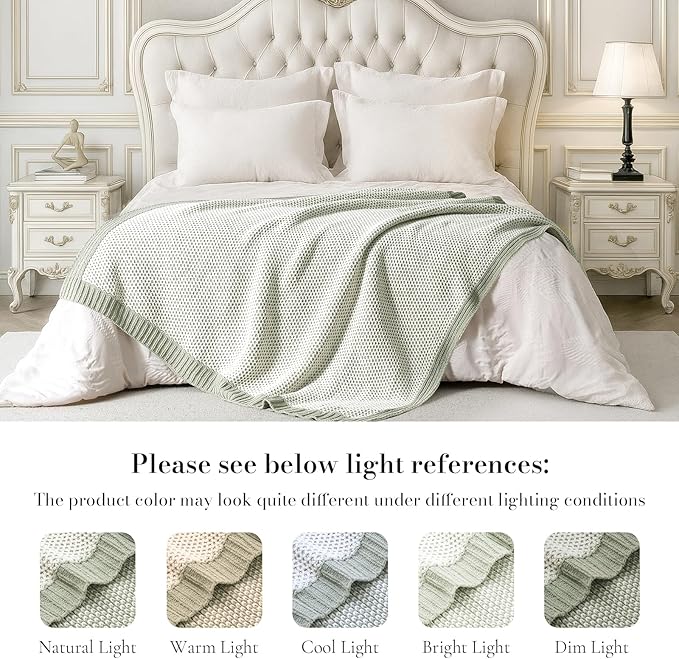 Amélie Home Honeycomb Knit Throw Blanket for Couch, Dual-Sided Soft Chenille Decorative Blankets for Sofa & Chair, 50"x60", Sage Green & White