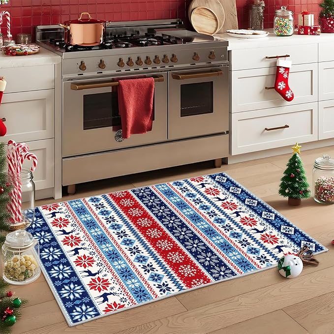 Small Entryway Area Rug 2x3 Christmas Rug Indoor Non-Slip Front Door Mat Washable Boho Rug Xmas Decorative Throw Floor Covers Farmhouse Geometric Festival Carpet for Living Room Bedroom, Blue