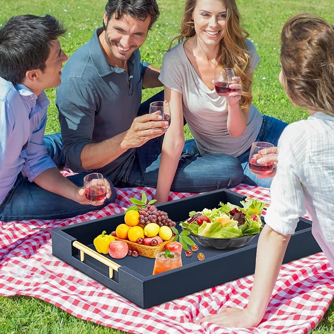 Navy Blue Faux Leather Serving Coffee Tray with Gold Handles,Rectangle Decorative Trays for Home Decor Large Ottoman Tray for Living Room