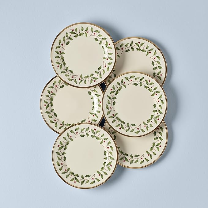 Lenox Holiday 6-Piece Salad Plates Dinnerware Set, Service For 6, Porcelain, Dishwasher Safe, Round Plates Set, Ivory Red & Green, Perfect for Gatherings, Hosting, Christmas Dinnerware (Ivory 6 Piece)