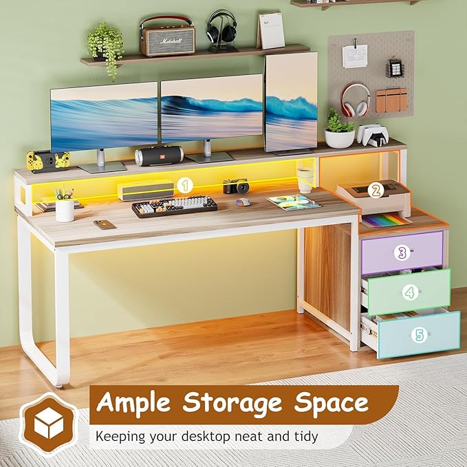 HOMBCK 67" Computer Desk with 3 Drawers, Home Office Desk with Long Monitor Stand and Printer Space, Office Desk with Storage & LED Lights, Writing Desk with Drawers, Walnut and White