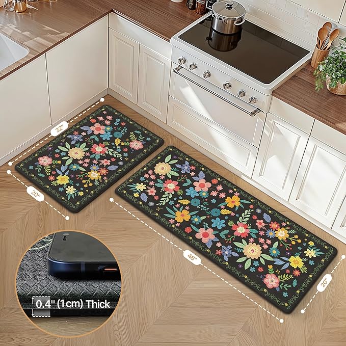 GENIMO Kitchen Mats for Floor 2PCS, Cushioned Kitchen Rugs Non Slip Washable, Farmhouse Anti Fatigue Mat Waterproof, Comfort Standing Mat Rug for Office, Home, Laundry, Sink, 20"x48"+20"x32", Black