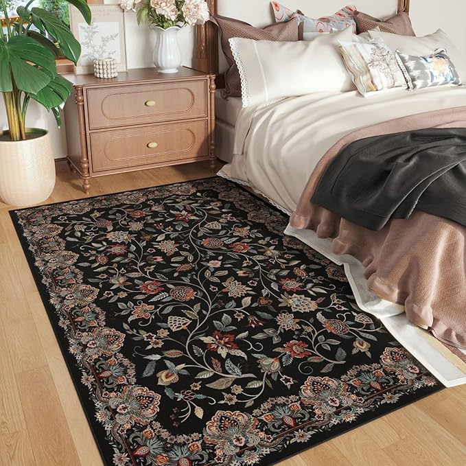 Rugcomf Vintage Paisley 3'x5' Area Rug - Machine Washable, Non-Slip Low Pile Small Floral Carpet for Bedroom, Bedside, Kitchen, Entryway, Kids/Girls Room, Office - Black