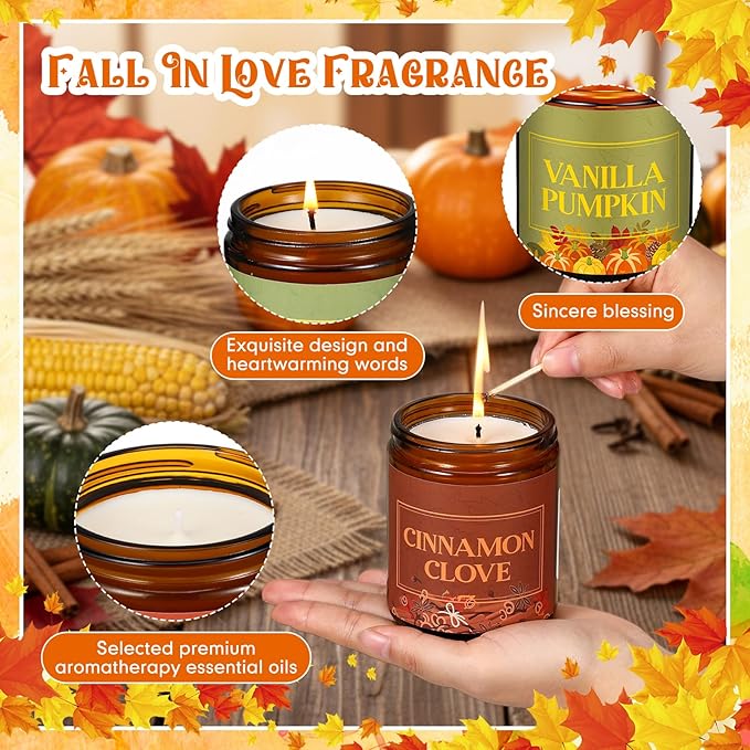 4 Pack Happy Fall Y'all Gifts Scented Candles Bulk 7 oz Soy Wax Autumn Fragrance Home Jar Candles Set with Gift Box 4 Harvest Scents for Fall Festival Thanksgiving Day Party Favors