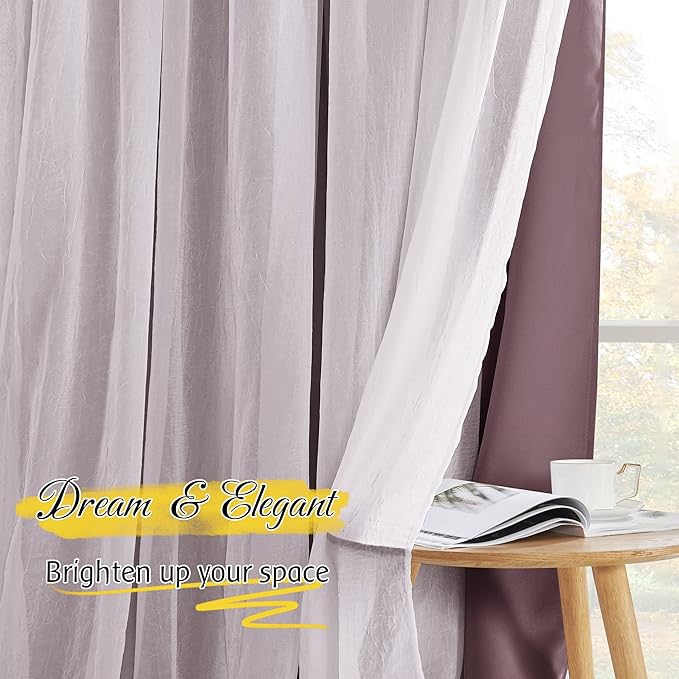 NICETOWN Living Room Curtains - Thermal Insulated Blackout Curtains with White Crushed Sheer Mix & Match Farmhouse Window Covering for Home Decoration with Tie Ropes, Dry Rose, W52 x L84, 1 Pair