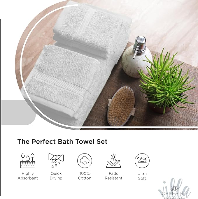 100% Cotton Bath Towel Set of 12-4 Bath Towels, 4 Hand Towels, 4 Wash Cloths, Sustainable, Soft, Highly Absorbent, Combed Cotton 12 Piece Set for Hotels, Spa, Bathroom, Dorm, White