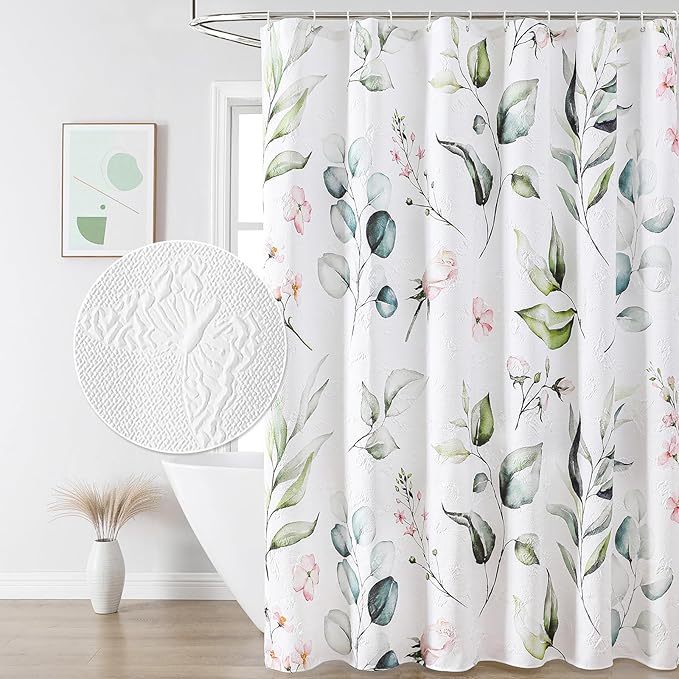 QIYI Watercolor Eucalyptus Shower Curtain, 3D Embossed Butterflies Floral Bathroom Curtain, Minimalist White Farmhouse Bath Curtain, Waterproof Fabric Green Leaves Shower Curtain Set with Hooks, 72x72