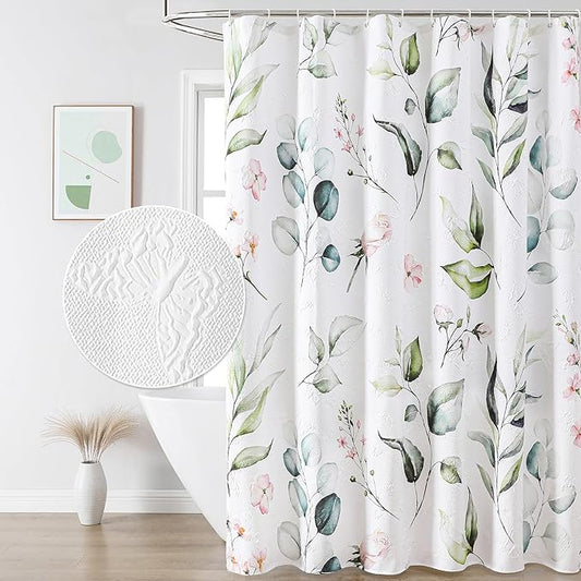 QIYI Watercolor Eucalyptus Shower Curtain, 3D Embossed Butterflies Floral Bathroom Curtain, Minimalist White Farmhouse Bath Curtain, Waterproof Fabric Green Leaves Shower Curtain Set with Hooks, 72x72