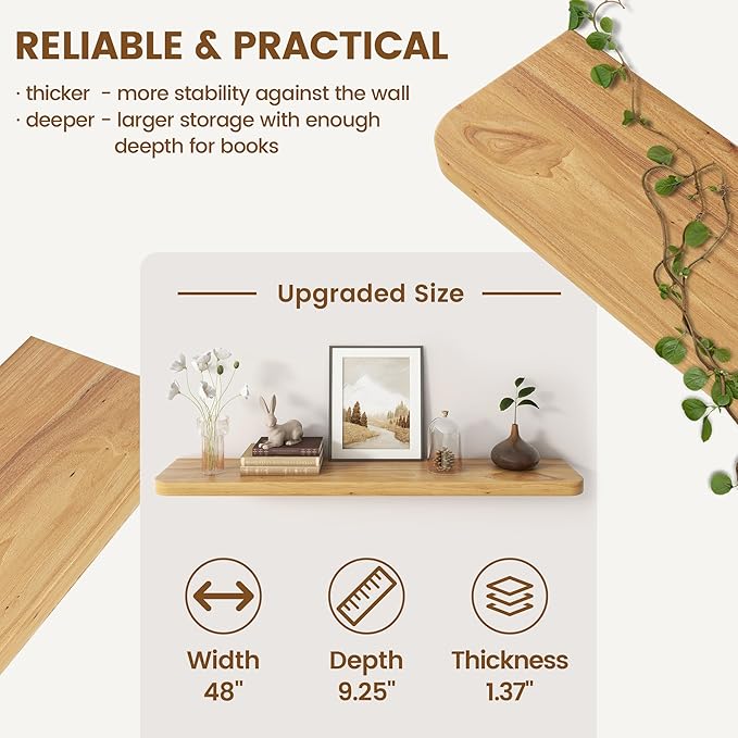 Rustic Elm Wood Floating Shelves for Wall Round Edge, 48"W x 9.2"D x 1.37"H, Set of 1 with Invisible Bracket, Wall Mounted Storage Shelves for Living Room Bedroom Kitchen Bathroom Decor, Natural