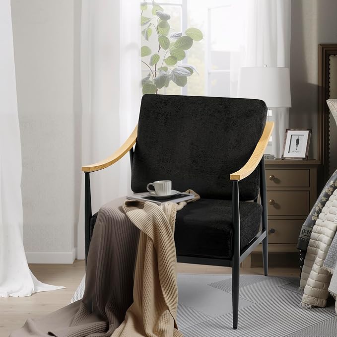 Modern Accent Chairs Set of 2 for Living Room Bedroom Mid Century Arm Chairs Upholstered Office Accent Chairs Comfy Waiting Room Chairs with Metal Frame, Black