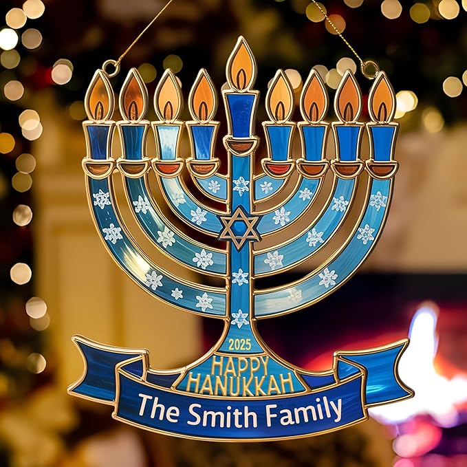 Personalized Hanukkah Suncatchers for Windows - Menorah Shape Ornament, Hanukkah Ornaments for Tree, Merry Chrismukkah Jewish and Christian, House Warming Gifts for Family