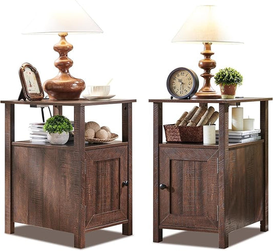 Farmhouse Nightstands Set of 2, Narrow Bedside Table with Charging Station, Night Stand Set 2 with Storage & Open Shelf, End Tables w/Groove Barn Door for Bedroom, Living Room-Brown
