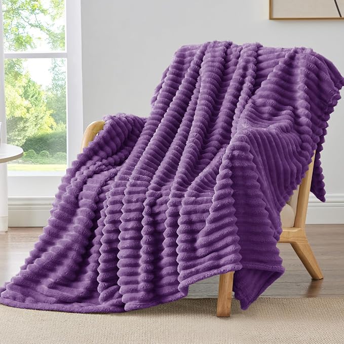 BEDELITE Fleece Throw Blanket for Couch - 300GSM Soft & Warm Fluffy Purple Blanket, Decorative and Giftable Striped Blankets for Women, Men, 50"x60"
