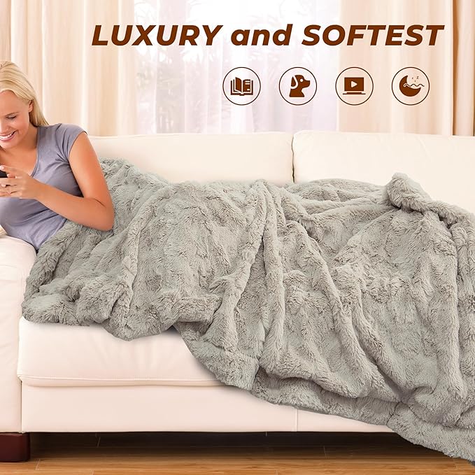 TOONOW Faux Fur Luxury Throw Blanket,Double Side Soft Fluffy Shaggy Fuzzy Blanket for Couch Sofa Bed (Pumice Stone, Throw)
