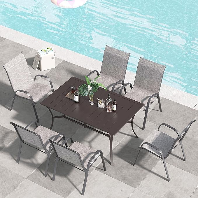 Amopatio 7 Pieces Patio Dining Set, Outdoor Table and Chairs, Square Metal Table with Umbrella Hole, 6 Stackable Chairs, Patio Furniture Sets for Deck, Backyard, Garden and Poolside,Light Grey