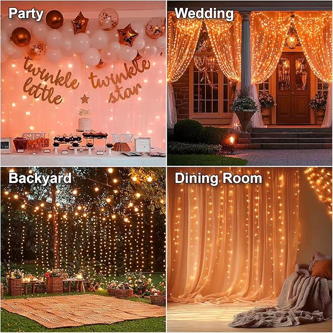HXWEIYE 300LED Fairy Curtain Lights, 9.8x9.8Ft Orange USB Plug in 8 Modes Timer Christmas String Hanging Lights with Remote for Bedroom Backdrop Wedding Party Home Wall Garden Outdoor Indoor Decor