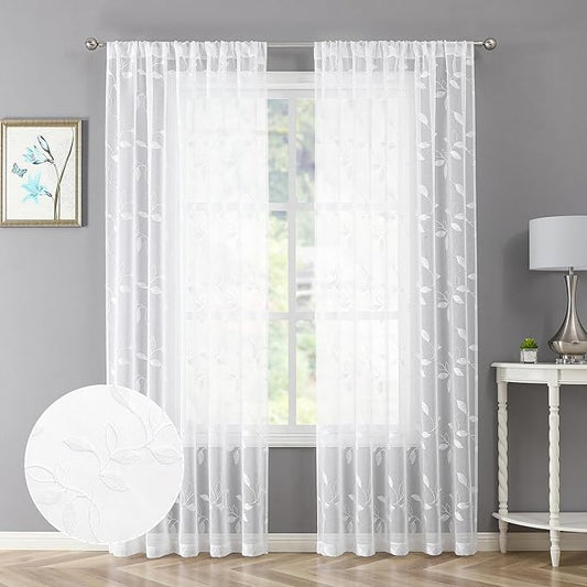 Tollpiz White Leaf Sheer Curtain Leaves Embroidered Bedroom Curtains Rod Pocket Voile Window Treatment for Living Room, 54 x 95 inches Long, Set of 2 Panels